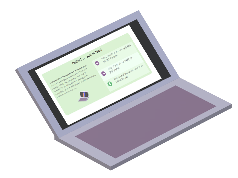 Stylized purple laptop graphic depicted open, facing right at an angle; on the screen is a depiction of the GSOLE Just-in-time Hub splash section.
