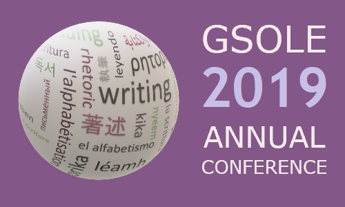 GSOLE 2019 ANNUAL Conference Placard: Word globe image with literacy related phrases in different languages
