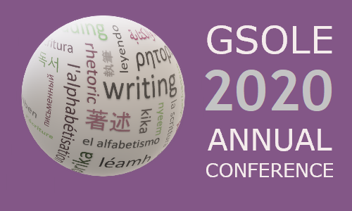 "GSOLE 2020 ANNUAL Conference" Placard: Word globe image with literacy related phrases in different languages