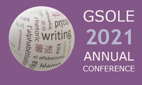 "GSOLE 2021 ANNUAL Conference" Placard: Word globe image with literacy related phrases in different languages