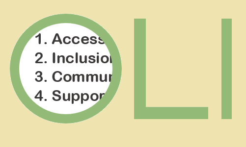 'OLI' in green letters over beige background; within the 'O' is a clipped listing of principles, '1. Access; 2. inclusion; 3. Community; 4. Support'