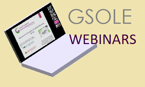 GSOLE Webinars Placard: A purple laptop with an active webinar portrayed on the screen; “GSOLE WEBINARS” appears in gray and purple in the upper-right-hand corner; all on a beige background.