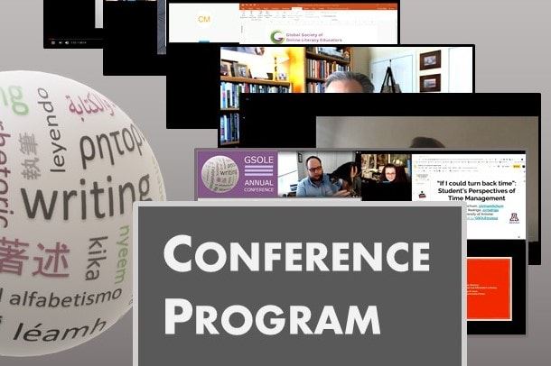 "Conference Program" placard on top of collage of screen captures from web conference sessions, next to literacy word globe.