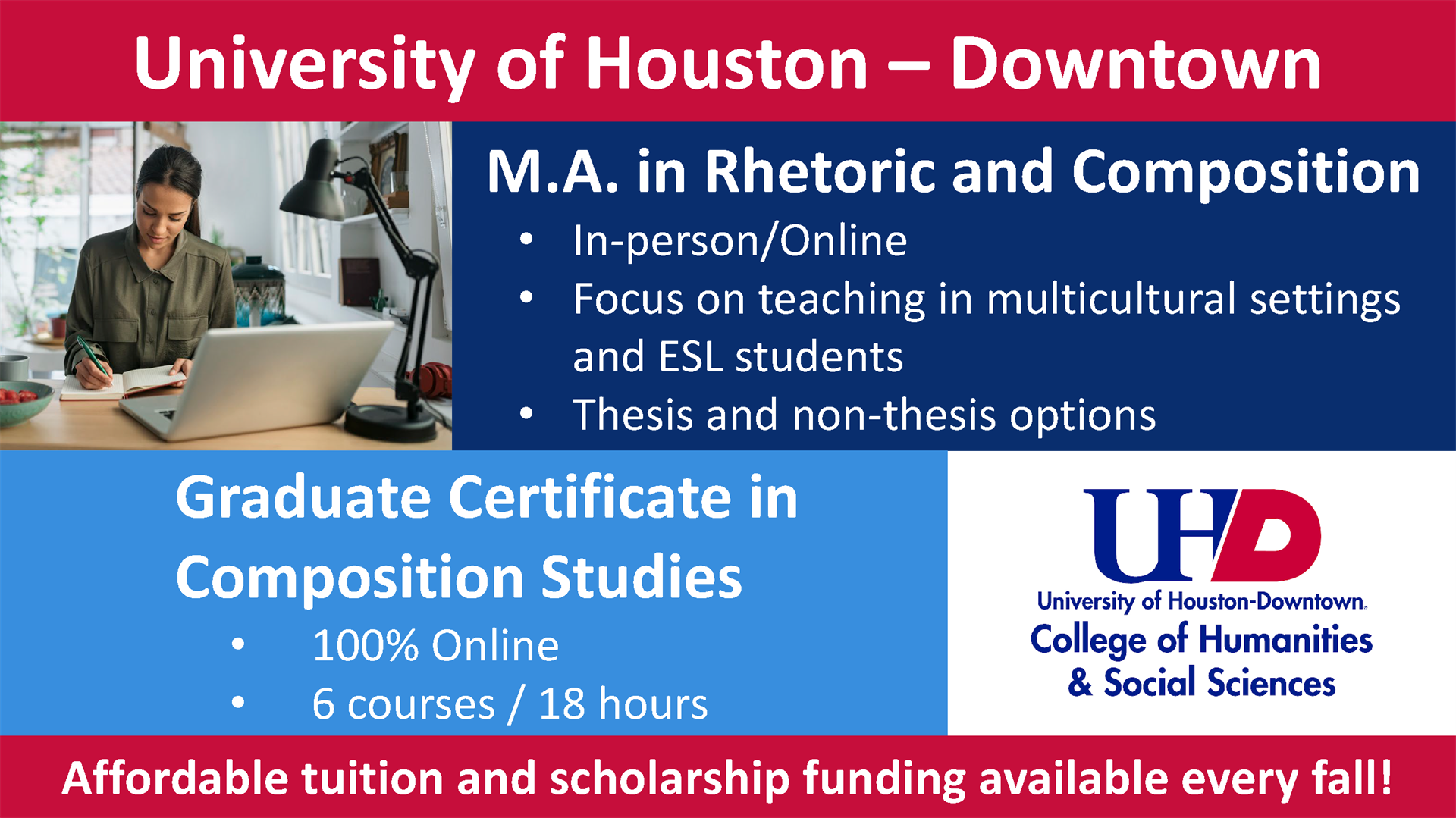 Sponsor placard for the University of Houston-Downon's M.A. in Rhetoric and Communication--click to view program info on UHD site