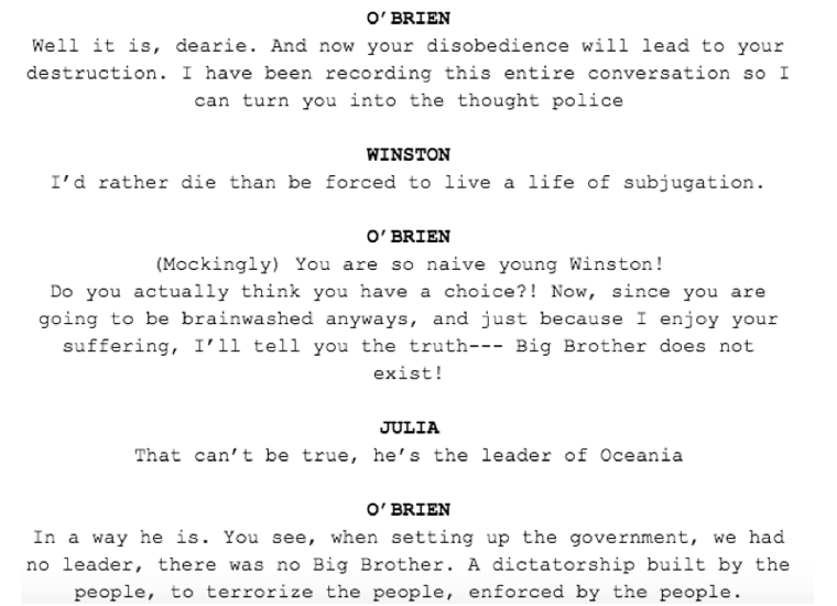 An excerpt of the rewritten 1984 screenplay exposing that Big Brother is actually just society 