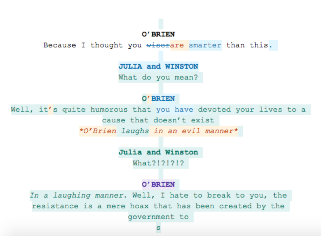 The same screen play showing revisions at the sentence level with new additions and rewritten phrases made by different writers