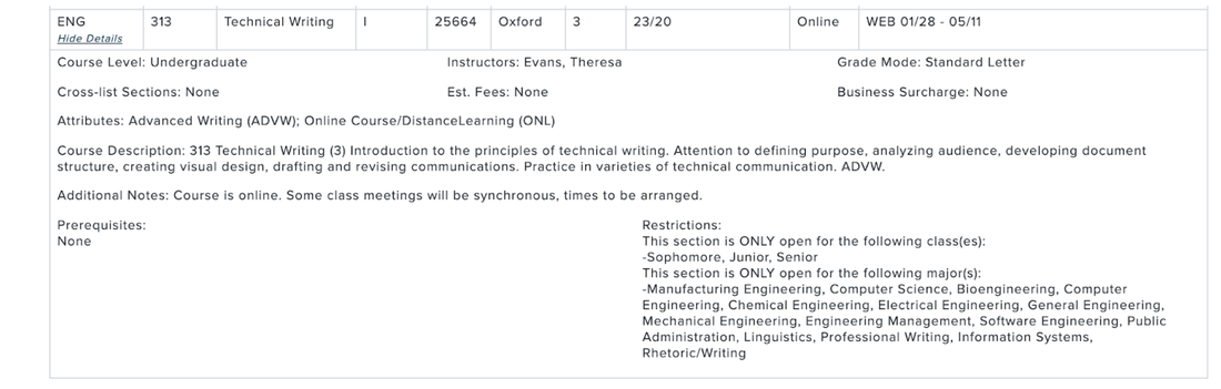 A course description for ENG313 delivered ONL or in distance learning format