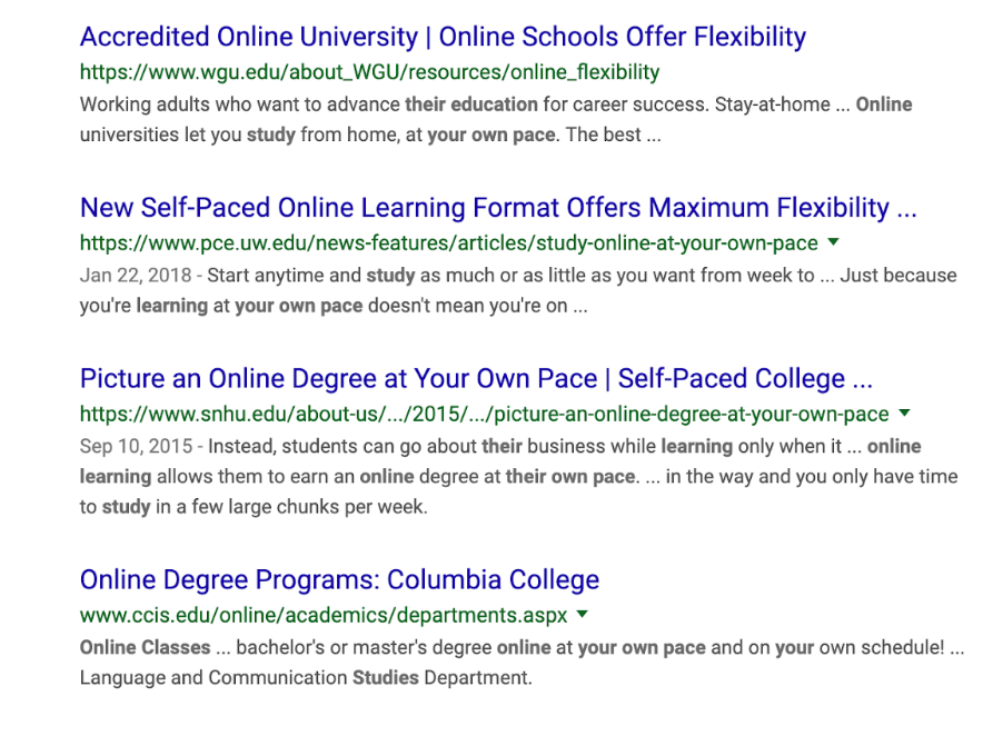 Google search results with articles showing flexibility and pacing being a highlight of online program advertisement