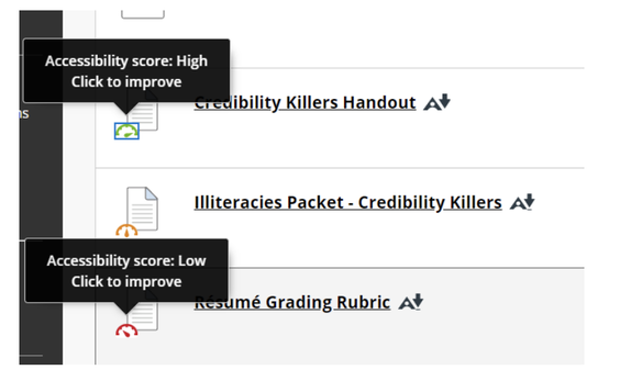 A screenshot displaying different accessibility scores for three different PDFs 