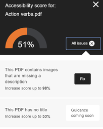 Action verbs accessibility score and suggested fixes  