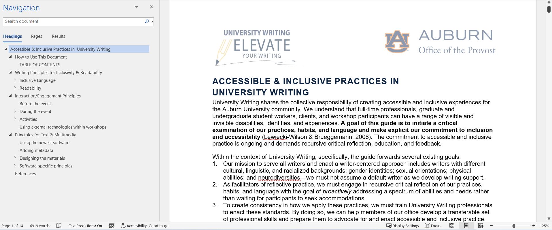 "Accessible and Inclusive Practices" document with navigation pane open   