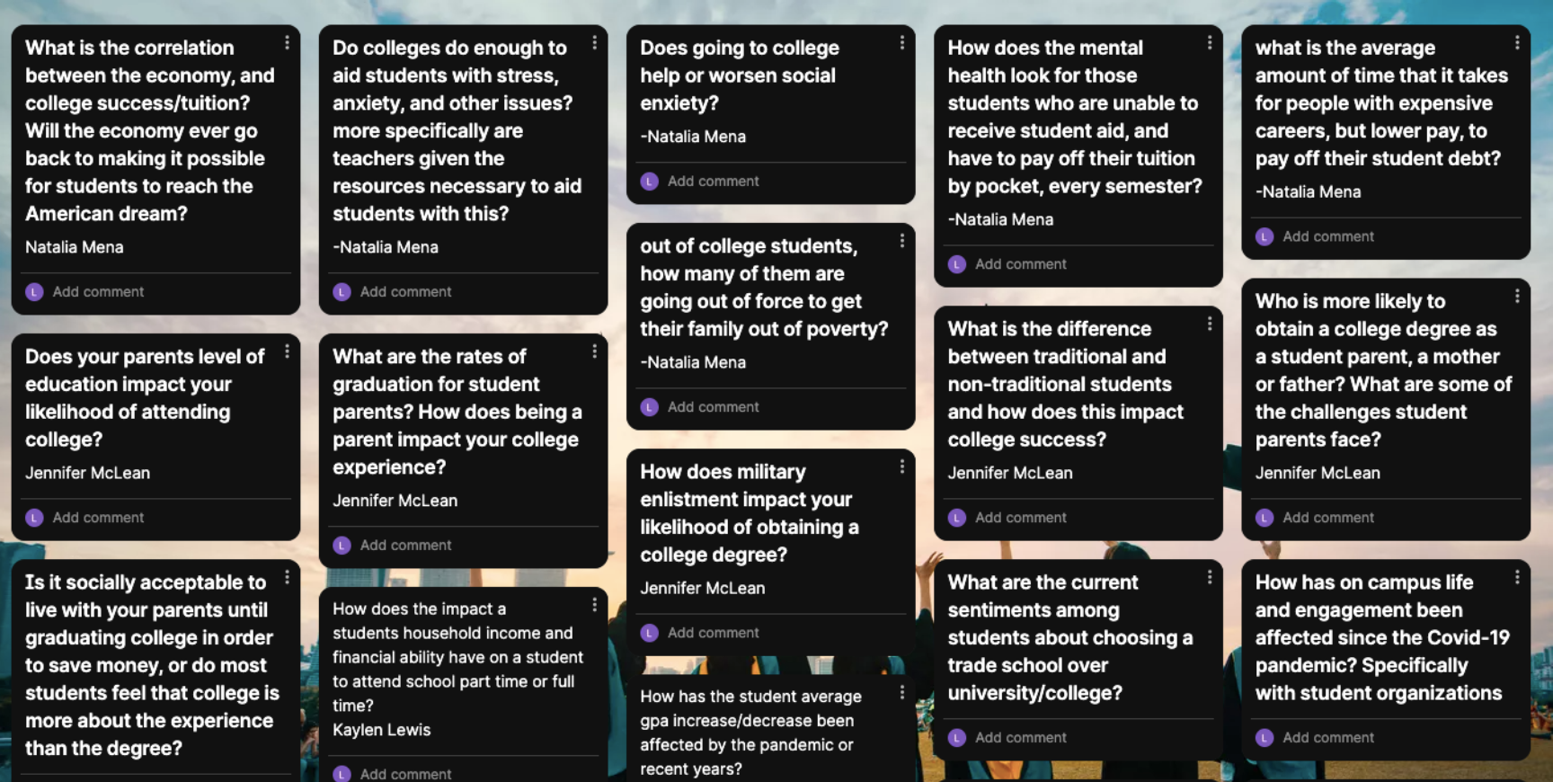Screenshot of student responses from research topic brainstorm using Padlet