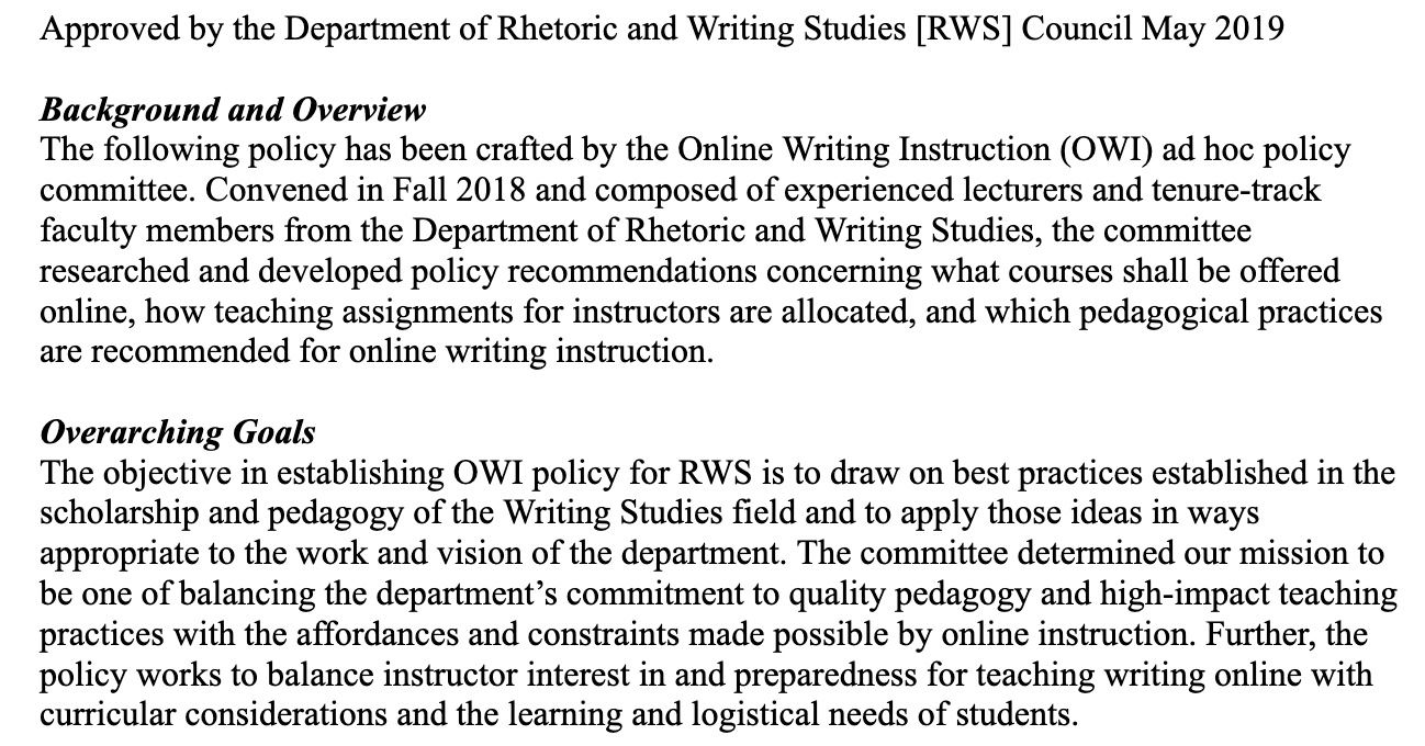 Image of first two paragraphs of "Department's Online Writing Instruction Policy"--transcript linked above