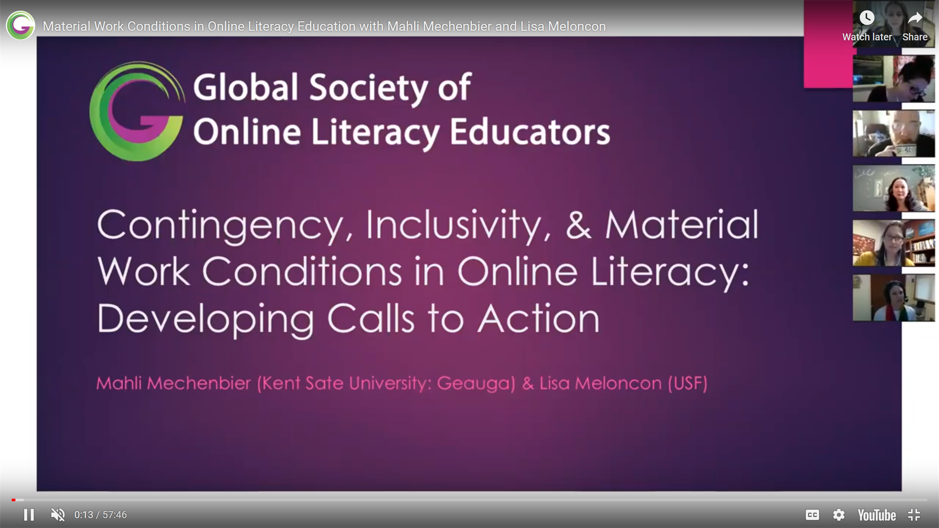 Webinar Screen Capture: Slide title "Global Society of Online Literacy Educators. Welcome to the 2019-2019 Webinar Series!"