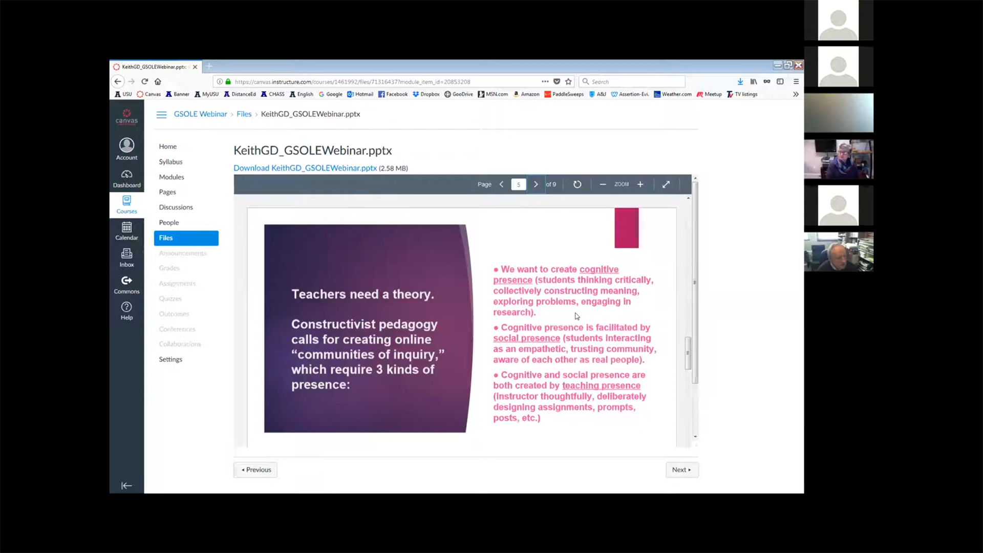 Webinar Screen Capture: Slide title "Teachers need a Theory..."