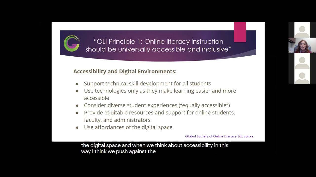 Webinar Screen Shot: Image of slide with "OLI Principle 1: Online Literacy instruction should be universally accessible and inclusive"; at the right are attendee web cam images